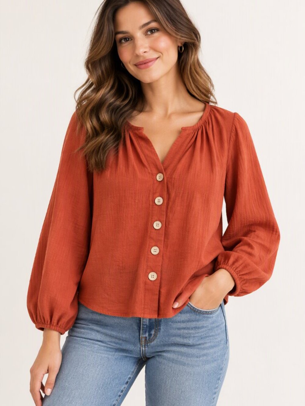 Linen Button-Front Women's Top Terracotta Orange Fall Boho Romantic Cottagecore